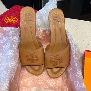 Tory Burch Lowell 2 80MM wedge slide Royal tan leather